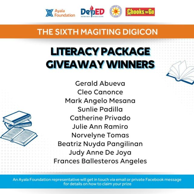 Congratulations to the winners of our literacy package giveaway!

We will get in touch shortly with details on how to claim your prize.

Thank you for supporting the sixth Digital Magiting Conference, "Gurong Magiting: Kaagapay sa Pagbuo ng Isang Bansang Nagbabasa". Watch out for our next #MagitingDigicon, happening in December.