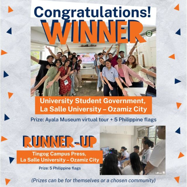 Congratulations to our #MagitingConference watch party contest winners!

Winner: University Student Government, La Salle University - Ozamiz City
Runner-up: Tingog Campus Press, La Salle University - Ozamiz City

Thank you for supporting the 8th Magiting Conference!

A representative from Ayala Foundation will get in touch with you for details on how to claim your prizes.